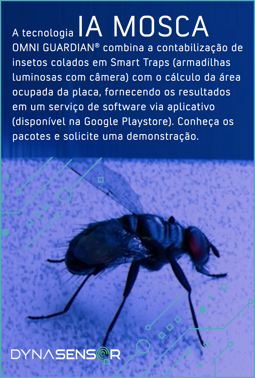 A tecnologia IA MOSCA OMNI GUARDIAN® combina o serviço de software via <strong>aplicativo</strong>(disponível na Google Playstore) e a ativação de <strong>Smart Traps</strong> (armadilhas luminosas com câmera). Conheça os pacotes e solicite uma demonstração
